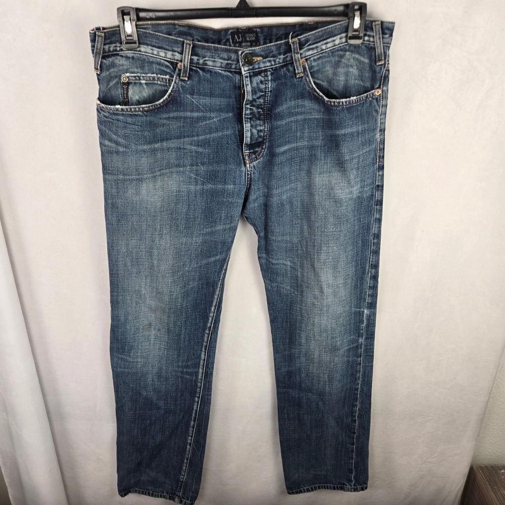 VTG Y2K Armani Jeans Men Blue Straight Leg Denim Button Fly Whiskered Size 36x31